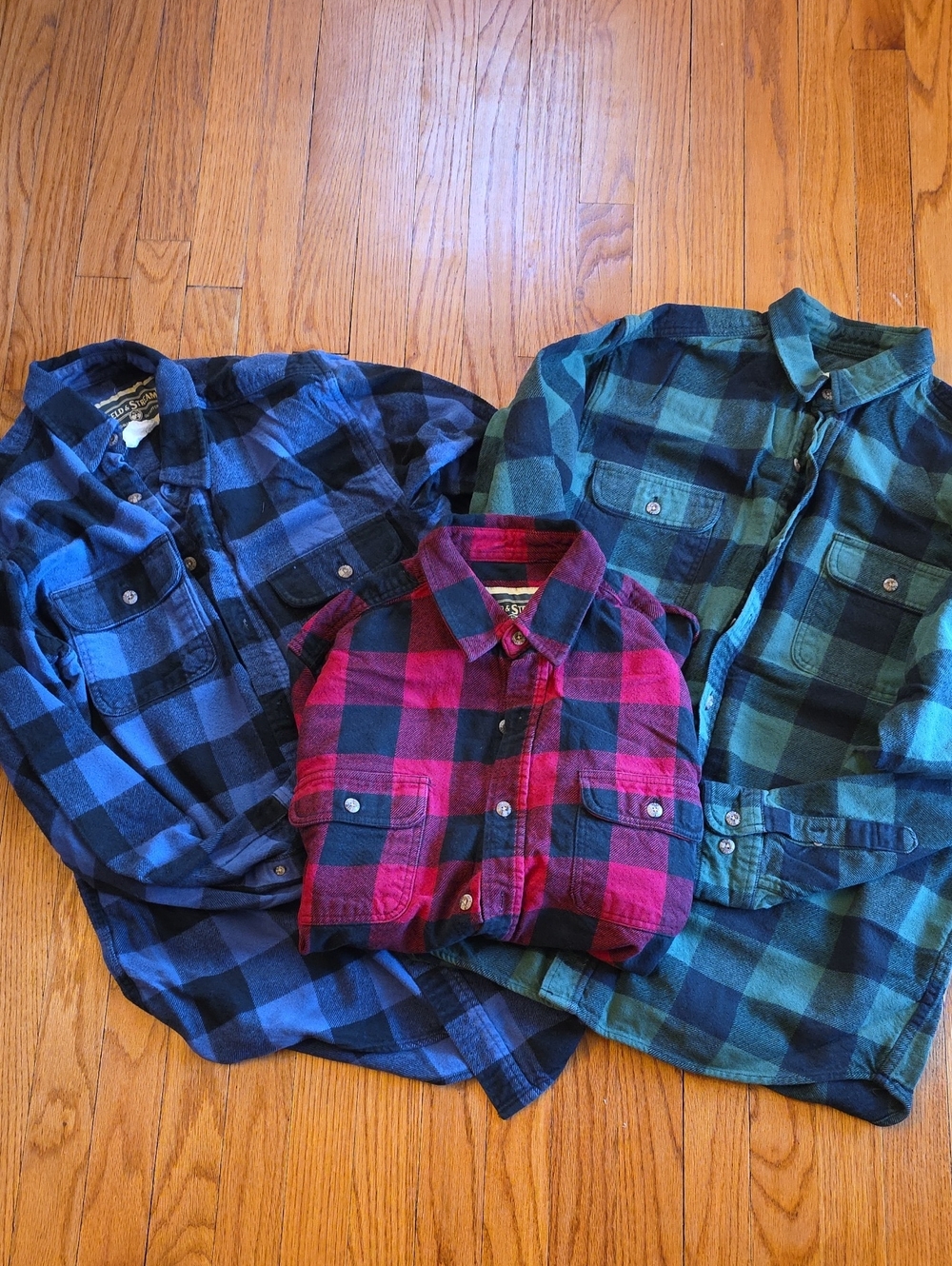 Set Of 3! Field & Stream Plaid Button-Down Shirts in Blue, Green, Red